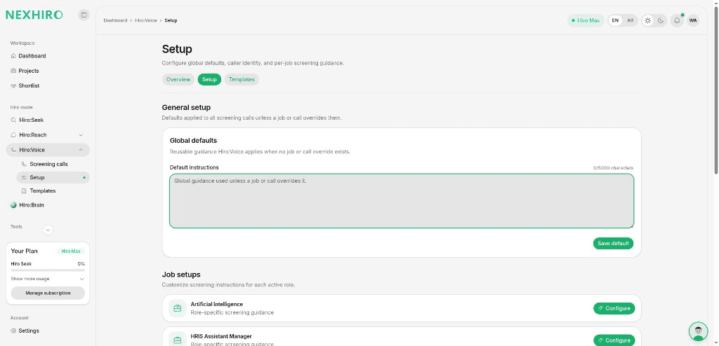 Hiro:Voice setup screen with global defaults and job specific configure actions.